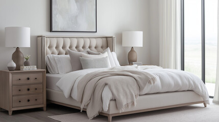 Fototapeta premium Decluttered bedroom with a platform bed, neutral upholstered headboard, white linens, and hidden-drawer bedside tables. Soft gray wood floor, abstract art, and warm lighting. High resolution.