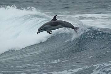 Obraz premium Dolphins leaping out of the water near waves in Hawaii. AI generated illustration