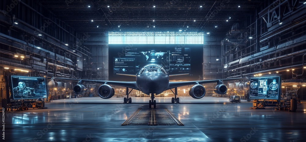 Poster a large aircraft in a high-tech hangar with digital displays.