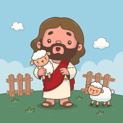 Fototapeta premium Illustration of Jesus Carrying a Sheep in Cartoon Style