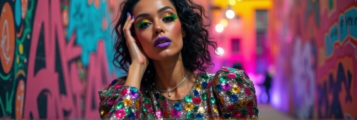 Fototapeta premium Hispanic young female with colorful makeup in urban graffiti alley at night
