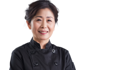 Positive professional happy asian middle age female chef on white background

