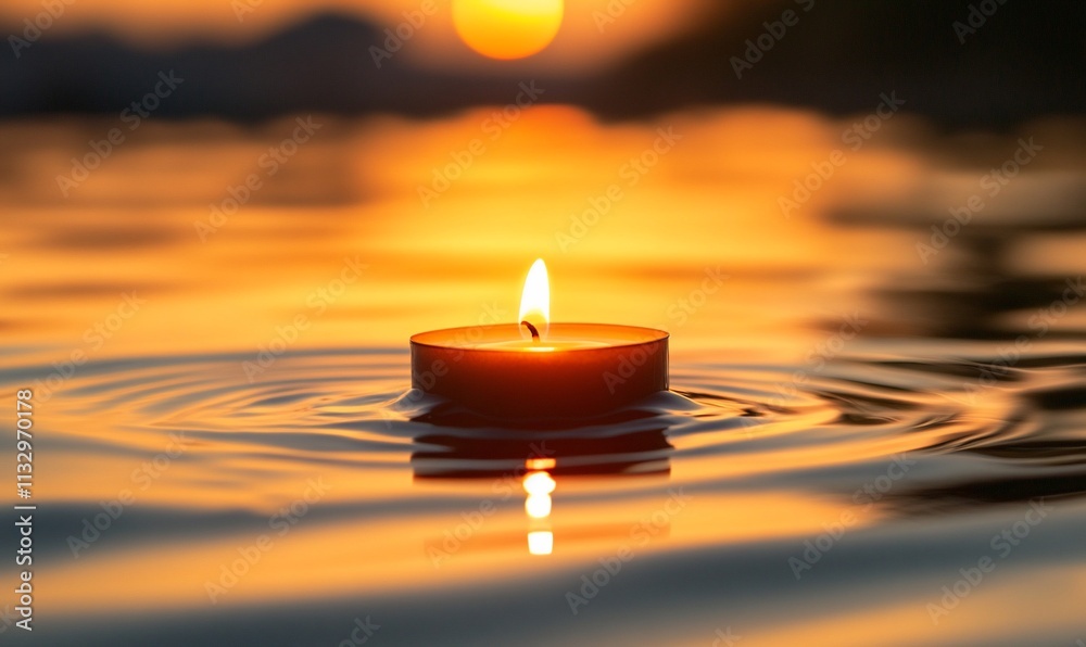 Poster a lit candle floating on water at sunset, creating a tranquil atmosphere.