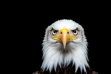 "American Bald Eagle Staring into the Camera with a White Head Against a Black Background" AI generated illustration