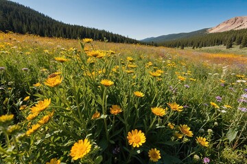 Fototapeta premium Vibrant Closeup Panorama of a Sunlit Wildflower Meadow in Nature