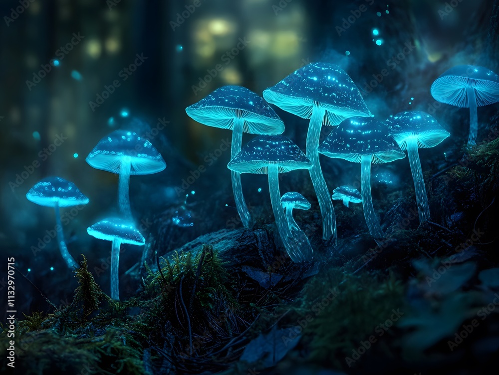 Poster enchanted forest with glowing mushrooms illuminating a mystic night, soft light and whimsical atmosp