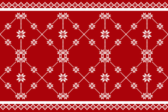 Christmas and New Year seamless pattern. White snowflakes on red pixel pattern for winter hat,jumper,sweater, wrapping,fabric,border,rim,carpets, blankets, towels.