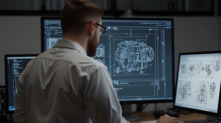 Over the shoulder shot of engineer working with cad software on desktop computer screen shows technical details and drawings. generative.ai