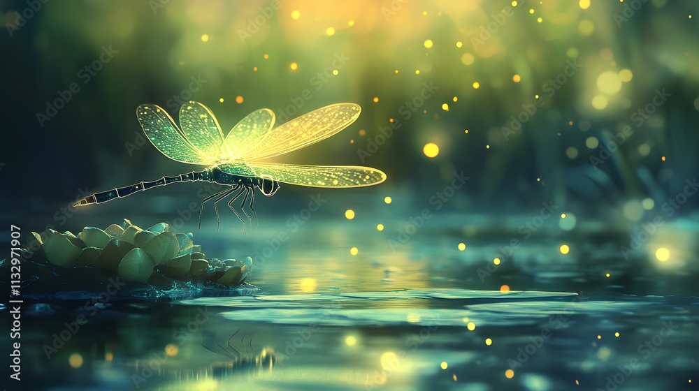 Aufkleber Ethereal Dragonfly Floating Over a Tranquil Pond with Sparkling Light Reflections Amidst Lush Greenery and Mystical Atmosphere at Dawn or Dusk