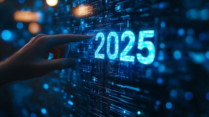 Digital technology concept a hand touching the word 2025 business