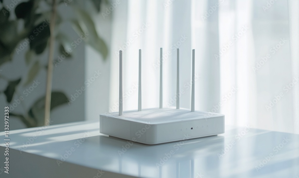 Poster A modern white Wi-Fi router with multiple antennas on a table.