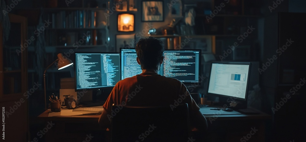 Poster A person coding at multiple computer screens in a dimly lit room.