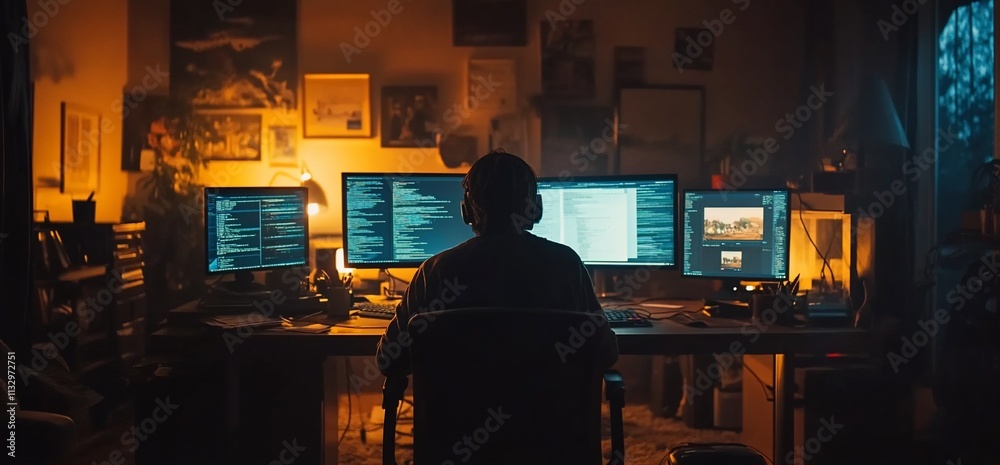 Poster a person working at a desk with multiple monitors in a dimly lit room.