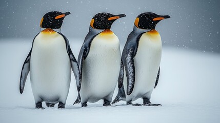 Fototapeta premium Three Majestic Emperor Penguins Standing in the Snowy Wilderness Amidst Falling Snowflakes, Capturing the Beauty of Antarctic Wildlife in their Natural Habitat
