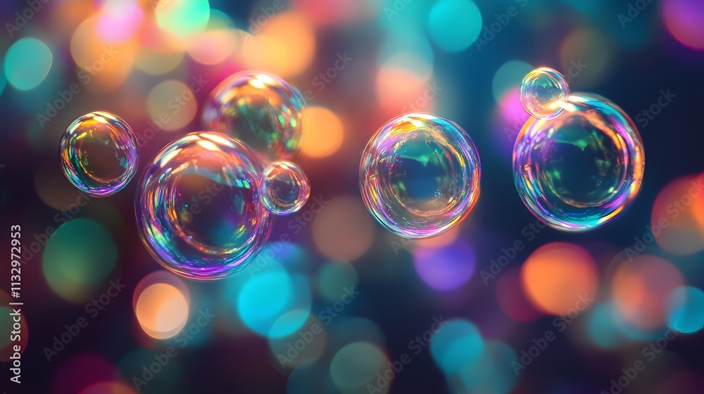 Poster Colorful Bubbles Floating in a Dreamy Background of Soft Bokeh Lights, Creating a Magical and Whimsical Atmosphere Ideal for Background or Decorative Use