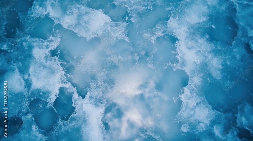 Poster aerial view of icy water with bubbles and textures creating a serene, cool atmosphere.