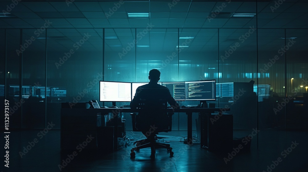 Poster a person working at a desk with multiple monitors in a dimly lit office.