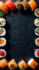 sushi rolls are lined up on a dark surface.