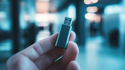 A professional-looking USB drive resting in a hand, with a blurred office environment in the background.