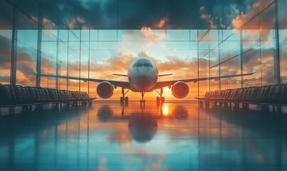 A serene airport scene featuring a plane against a vibrant sunset backdrop.