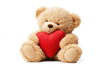 Obraz premium A playful teddy bear with soft fur sits comfortably, holding a bright red heart close. It's a charming symbol of love, perfect for Valentine's Day celebrations filled with joy and affection