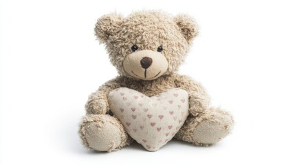 Obraz premium A sweet teddy bear sits proudly, holding a heart-shaped cushion. Adorned in soft fur and a delicate ribbon, this charming companion exudes warmth and affection, perfect for Valentine's Day