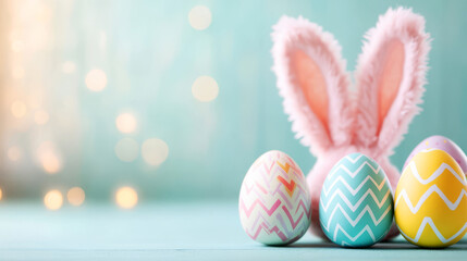 Obraz premium Colorful Easter Eggs and Cute Bunny Ears on Soft Background with Bokeh Effect