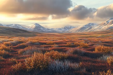 Fototapeta premium Pristine tundra landscape with low shrubs and rolling hills, early morning light casting a golden hue, emphasizing the untouched Arctic beauty, ultra-realistic shot