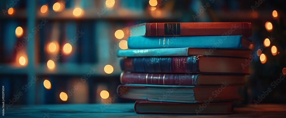 Poster a stack of colorful books against a softly lit background.