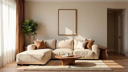 Cozy living room with comfortable sofa, decorative pillows, table and flowers in 2025 tones - Mocha Mousse
