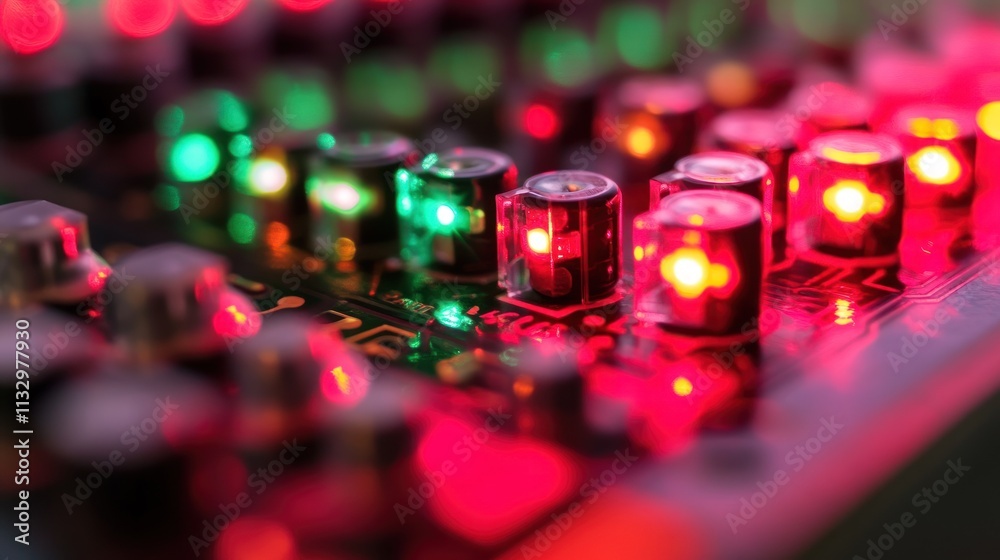 Poster Close-up of a circuit board with illuminated LEDs in red and green colors.