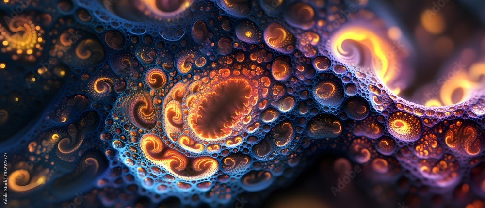 Poster Abstract Fractal Patterns with Twisting Curves and Vibrant Colors in a Hypnotic Design Evoking Cosmic Themes and Infinite Depths of Imagination