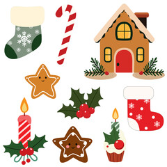 Collection of Christmas decorative elements on white background. Gingerbread house, stocking, holly berry, candle, cupcake, sugar candy and gingerbread cookie.