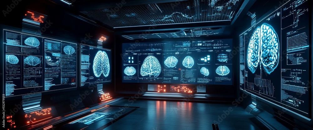 Poster Futuristic laboratory with brain imaging displays and data analysis tools.