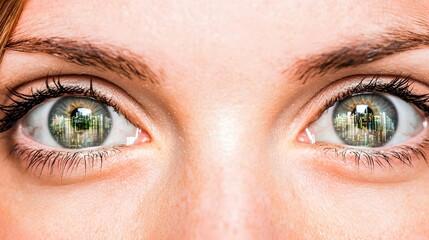 Obraz premium close-up of a woman’s eyes, reflecting a high-tech cityscape in her pupils, suggesting the deep integration of technology and human experience in an urban environment. [Women]:[tech] 