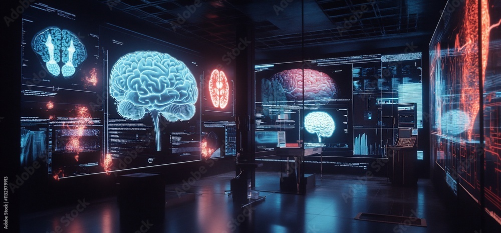 Poster Futuristic lab showcasing digital brain imagery and neural data analysis.