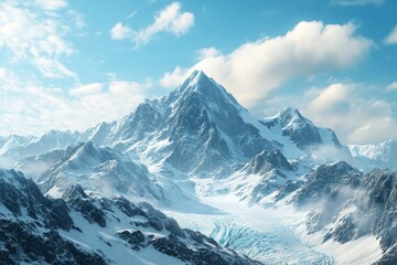 Obraz premium Snow-capped mountain peaks with a clear sky and a glacier below, emphasizing the majesty of pristine environments, ultra-realistic landscape shot