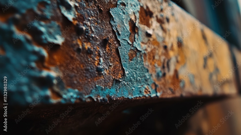Poster close-up of weathered metal surface with peeling paint and rust.