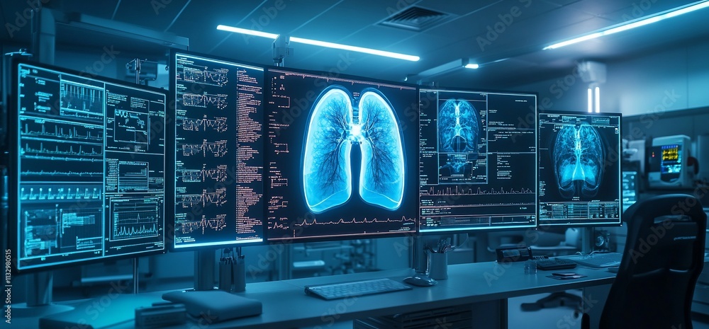 Poster high-tech medical workspace with lung imaging and health data displays.
