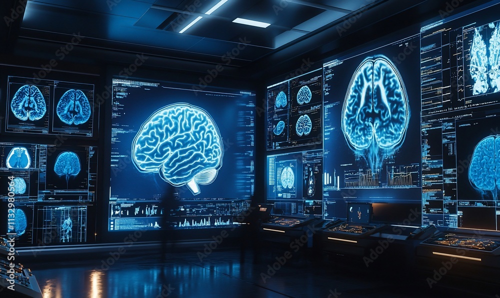Poster High-tech lab displaying brain imaging and neural data on screens.