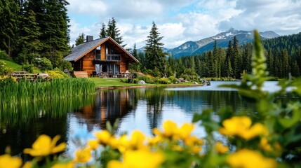 Fototapeta premium Tranquil Lakeside Cabin Surrounded by Lush Green Forest and Flowers