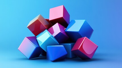 Abstract Colorful Cubes Composition  A vibrant 3D render of glossy cubes in various shades of pink blue and magenta against a light blue background