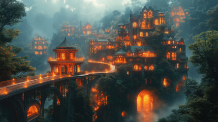 Fototapeta premium Illuminated fairytale village nestled in a misty forest