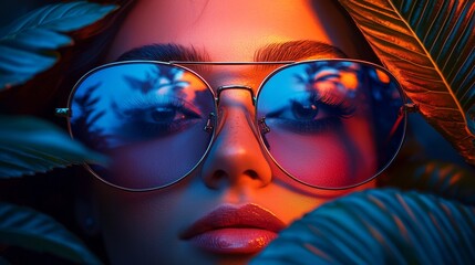 Woman wearing vibrant sunglasses reflecting tropical leaves
