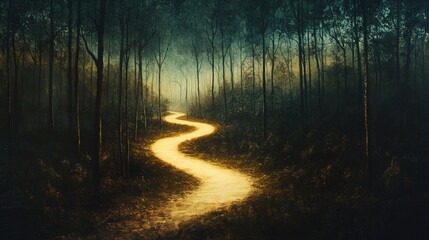 Obraz premium Goldener Lichtpfad durch dunklen Wald