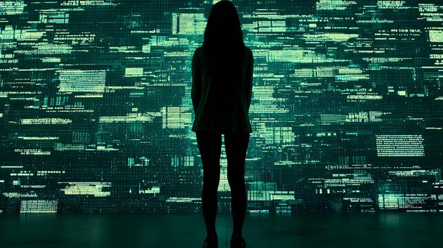 woman standing in front of a futuristic digital backdrop filled with data streams and technological elements, embodying empowerment in the tech-driven world. [Women]:[tech] 