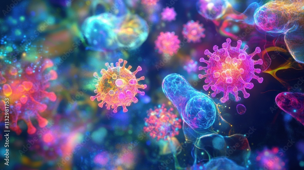 Poster colorful microscopic view of viruses and bacteria in a vibrant, abstract representation.