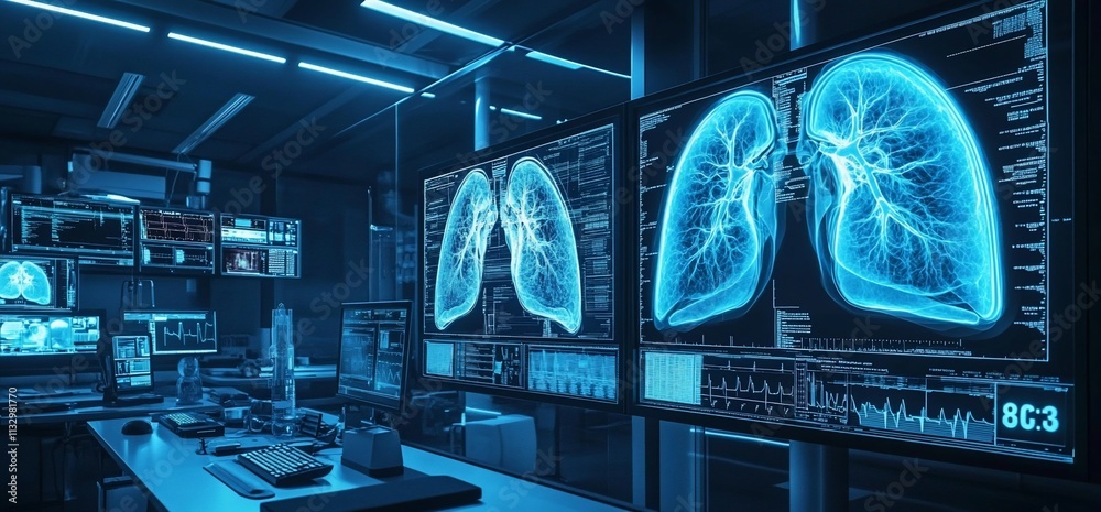 Poster medical lab with digital lung scans displayed on monitors.