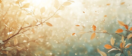 Fototapeta premium Sun-kissed leaves dance in an autumn breeze, illuminated by soft golden light, painting a picture of seasonal beauty and tranquility.