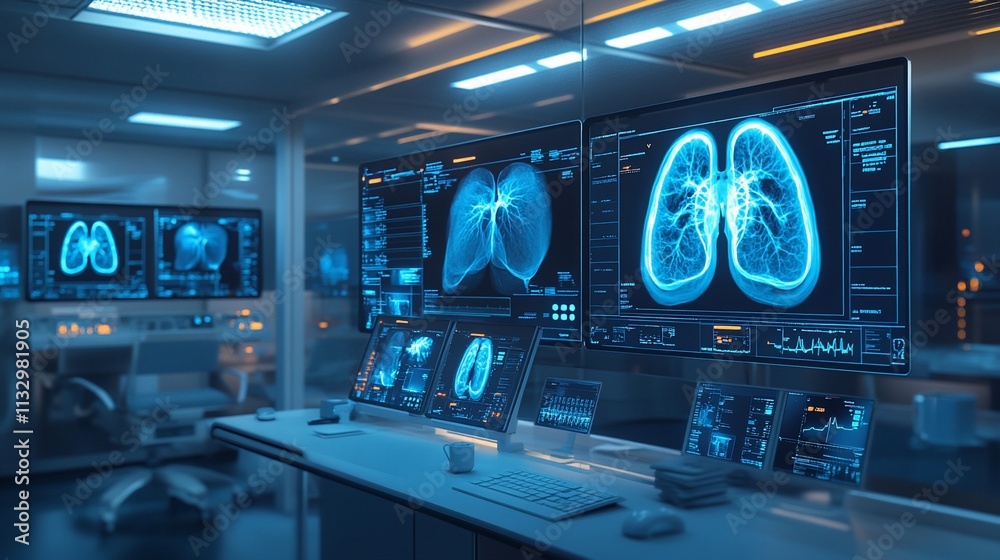 Aufkleber medical imaging room displaying lung x-rays on multiple screens.